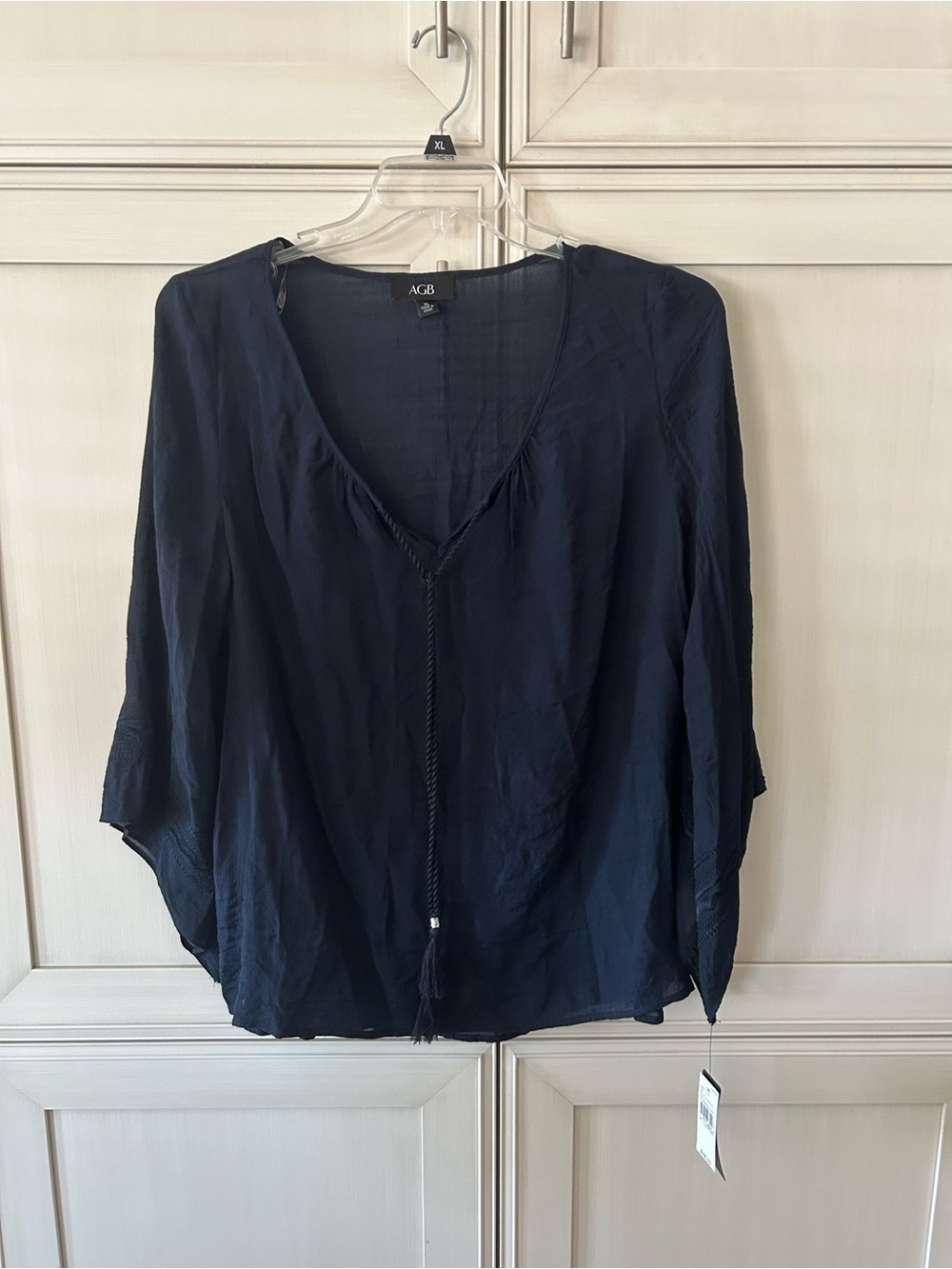 AGB Navy V-Neck Tassel Peasant Blouse